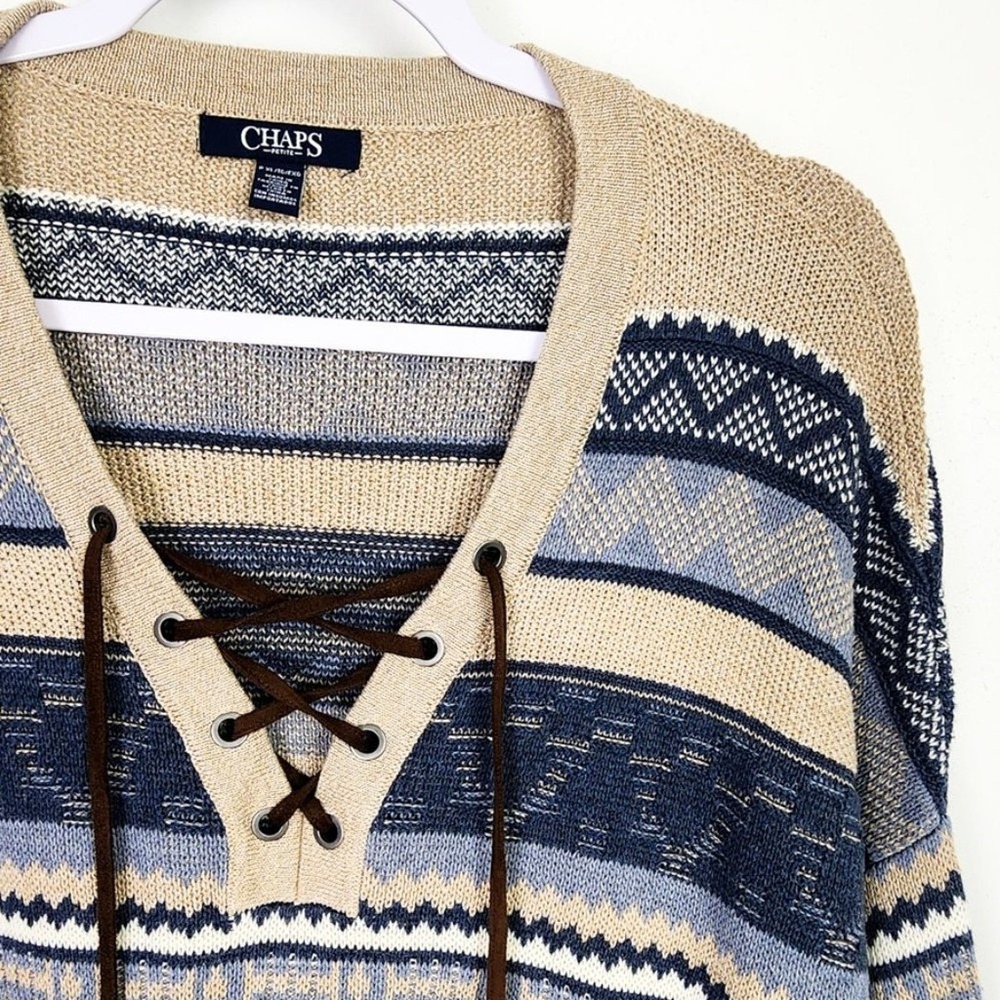 Chaps Women's Tan Blue‎ Geometric Print Lace Up V Neck Sweater PXL - Picture 4 of 7